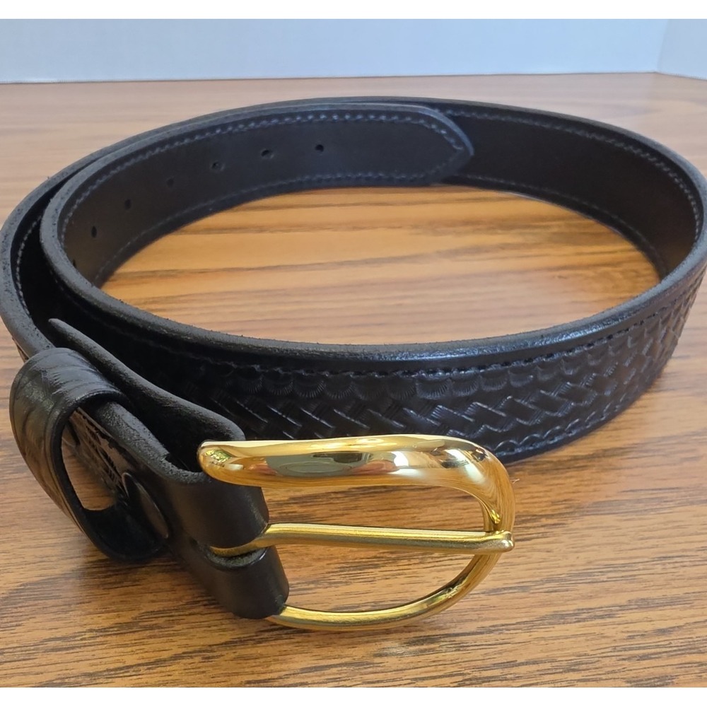 Aker B12 Leather Dress Belt  Size 34  Black Basketweave Brass Buckle - New NWOT